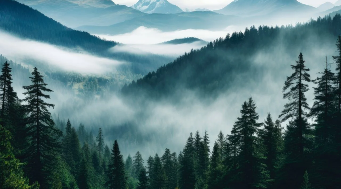 Paysage de montagne et forêt dans la brume